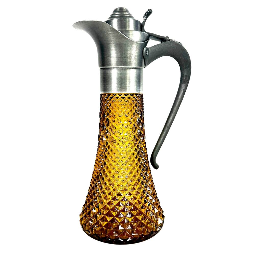 Antique Diamond Point Amber Glass Ewer Style Pitcher Pewter Lid & Handle-Rare!